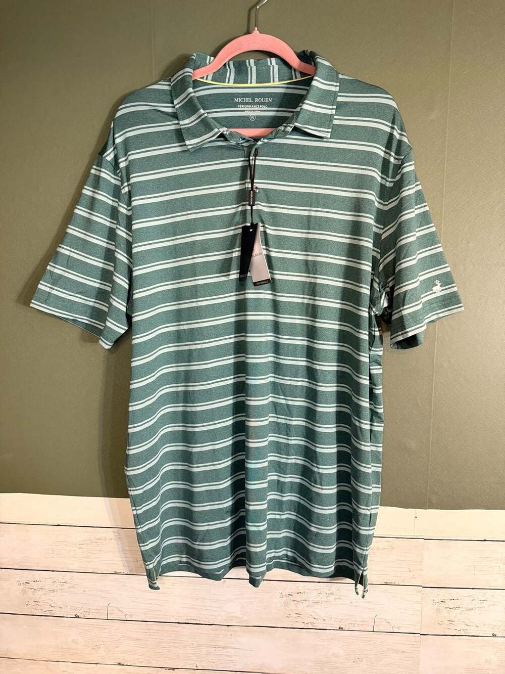 NWT‎ Michel Rouen Performance XL Golf Polo Shirt Dark Green Stripe